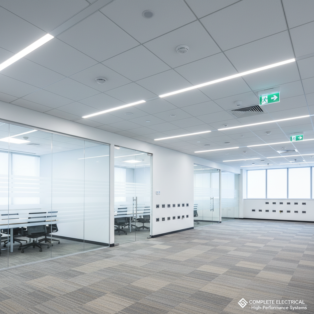 A detailed view of a bright, modern commercial office interior under flawless electrical illumination, featuring recessed LED ceiling lights, illuminated emergency exit signs, and wall-mounted occupancy sensors. The space includes glass-walled conference rooms, neutral-toned carpeting, and clean white walls with clearly visible electrical outlets and data ports aligned in precise rows. Natural daylight filters through large windows, balanced by the cool, even glow of the overhead lighting, creating a professional and efficient atmosphere. Captured from a slightly elevated angle in photographic realism, the composition uses leading lines from the ceiling grid and floor pattern to convey Complete Electrical’s expertise in designing high-performance, code-compliant lighting and power systems for commercial environments.