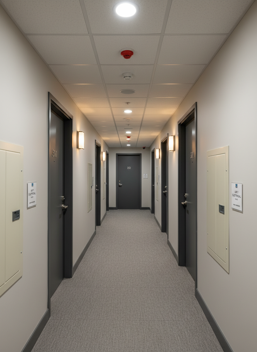 A multi-family residential building corridor featuring meticulously installed electrical infrastructure, including modern wall sconces casting a soft, warm glow, clearly labeled unit electrical panels recessed into the walls, and neatly aligned smoke detectors and sprinkler heads along the ceiling. The hallway has durable, mid-tone carpet, light grey walls, and solid core doors with unit numbers, evoking a contemporary apartment complex. Overhead LED lighting creates gentle, even illumination with minimal shadows, emphasizing safety and comfort. Photographic realism, shot with a symmetrical, straight-on composition that highlights the disciplined layout of the electrical components, reinforcing the idea of reliable, code-compliant work by an experienced electrical contractor in the Mid-South region.