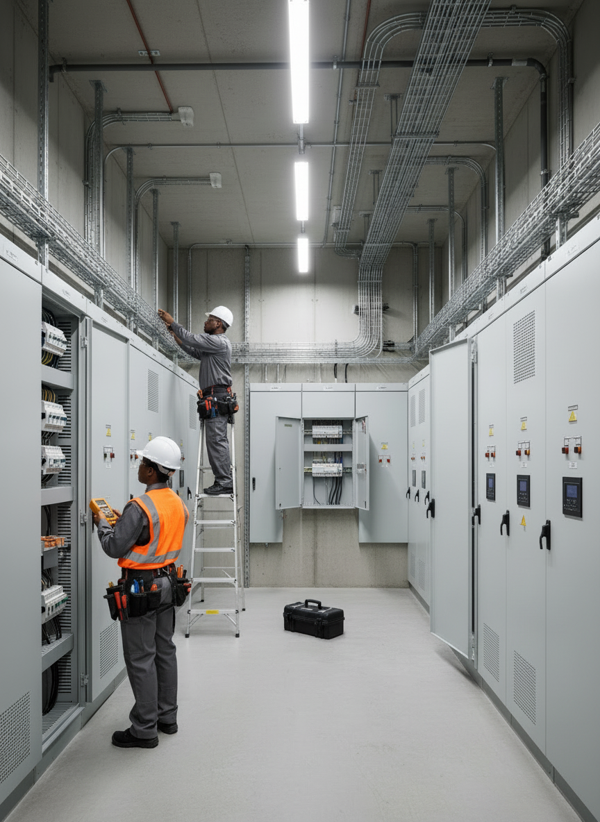 Two Black commercial electricians working together in a modern industrial electrical room, wearing professional PPE and high-visibility vests, focused on a breaker panel and conduit runs, clean and well-lit environment, reinforcing a commercial electrical services setting.