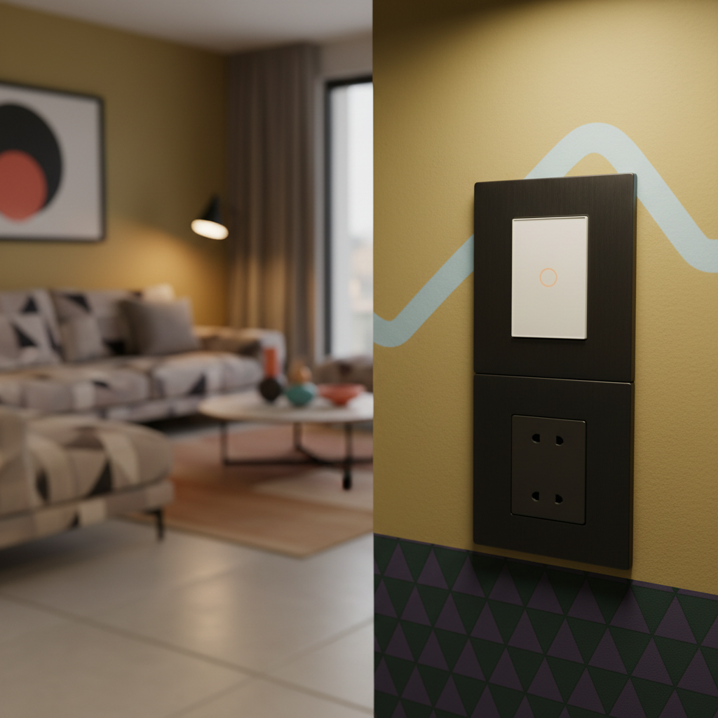 A clean, realistic residential interior detail shot focused on modern light switches and wall plate near a softly lit living room or hallway, warm lighting, no people visible, Memphis home style, professional photography